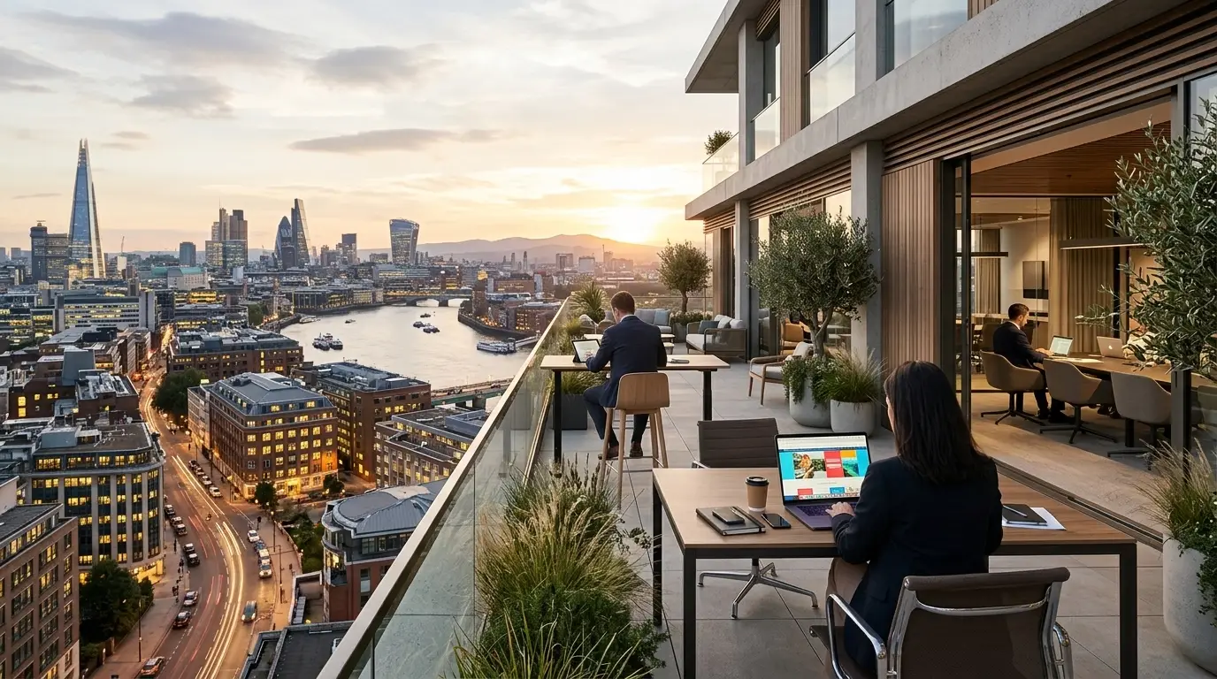 A bright, energetic creative workspace for focused marketing work